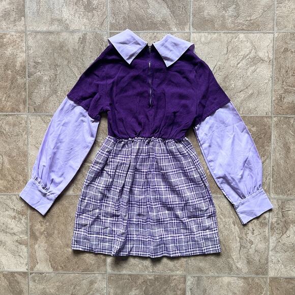 Vtg 70s Girls Purple Plaid Swing Dress Pointed Collar Mod Preppy Academia School - Picture 4 of 9